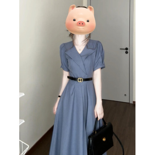 韓系通勤穿搭藍色短袖連衣裙子女裝夏季2025新款法式氣質收腰長裙