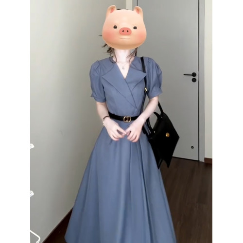 韓系通勤穿搭藍色短袖連衣裙子女裝夏季2025新款法式氣質收腰長裙