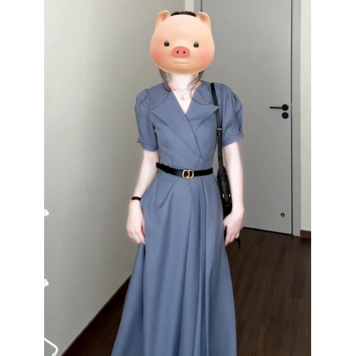 韓系通勤穿搭藍色短袖連衣裙子女裝夏季2025新款法式氣質收腰長裙
