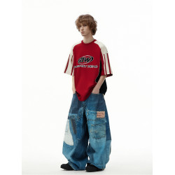 DASONJRINCE*美式復古拼接運動賽車風短袖男T恤設計寬松oversize