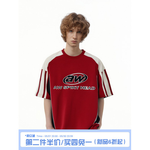 DASONJRINCE*美式復古拼接運動賽車風短袖男T恤設計寬松oversize