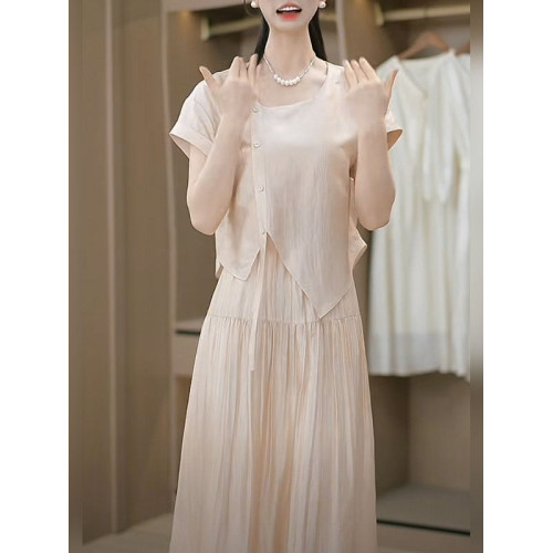 玲娜天絲假兩件連衣裙女2025新款夏季寬松減齡設計感過膝a字裙薄