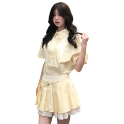 韓系學院風甜美黃色襯衫連衣裙子女2025新款夏季設計感百褶套裝裙