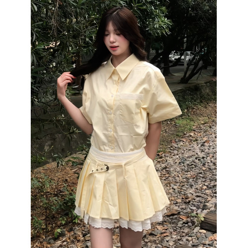 韓系學院風甜美黃色襯衫連衣裙子女2025新款夏季設計感百褶套裝裙