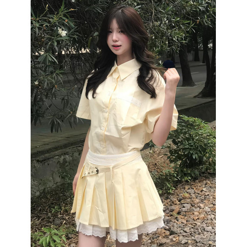 韓系學院風甜美黃色襯衫連衣裙子女2025新款夏季設計感百褶套裝裙