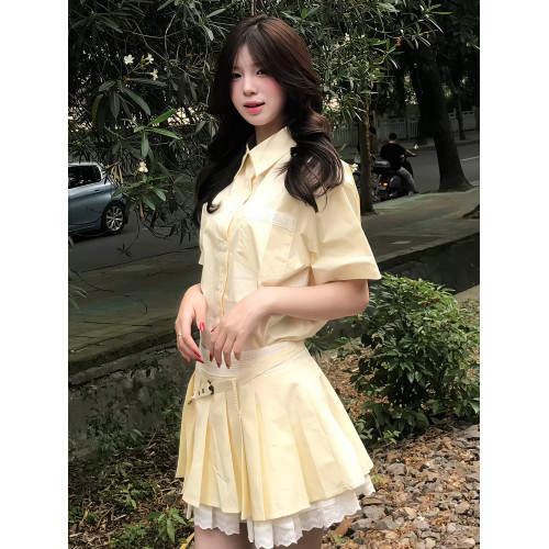 韓系學院風甜美黃色襯衫連衣裙子女2025新款夏季設計感百褶套裝裙