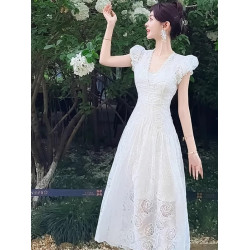 ROUJE KORE夏日絕美玫瑰花鏤空短袖白色連衣裙女夏季小個子長裙子