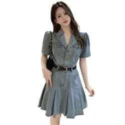 【店鋪】法式復古牛仔百褶連衣裙女夏季新款高級感氣質V領短