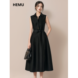 赫本風連衣裙女夏法式小黑裙禮服重要場合氣質襯衫裙高知分子長裙