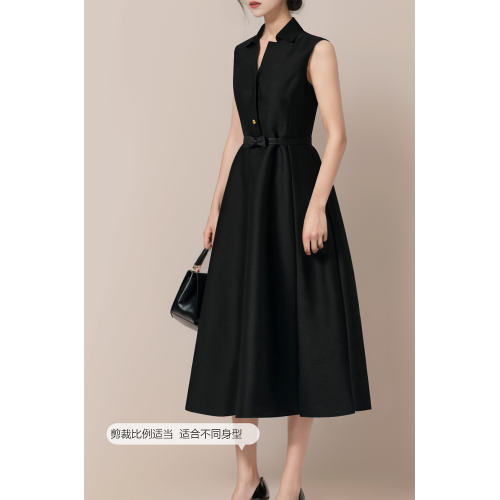 赫本風連衣裙女夏法式小黑裙禮服重要場合氣質襯衫裙高知分子長裙