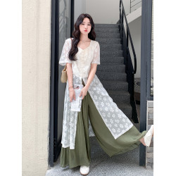 巨好看蕾絲罩衫連衣裙套裝女2025夏季新款設計感曡穿濶腿褲兩件套