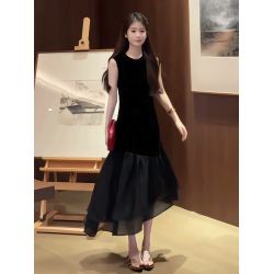 法式赫本風輕奢無袖連衣裙女2025夏季新款網紗拼接荷葉邊背心長裙
