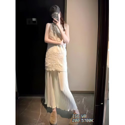 2025法式度假風假兩件拼接背心連衣裙女小衆重工壓褶絕美長裙