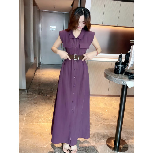 紫色無袖襯衫連衣裙帶墊肩設計女夏季2025新款復古寬皮帶收腰長裙