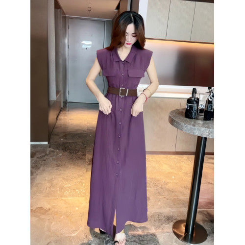 紫色無袖襯衫連衣裙帶墊肩設計女夏季2025新款復古寬皮帶收腰長裙