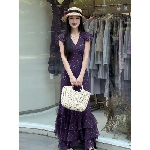 紫色波點連衣裙女夏季2025年新款法式高級感氣質荷葉邊小飛袖長裙