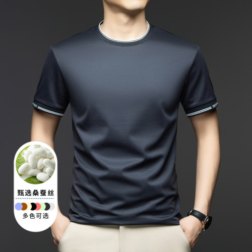 冰絲短袖男t恤彈力圓領拼色高級感夏季新款寬松薄款桑蠶絲男士t恤