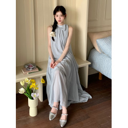 法式超仙藍色蝴蝶結掛脖連衣裙女2025夏季氣質絕美度假風露肩長裙