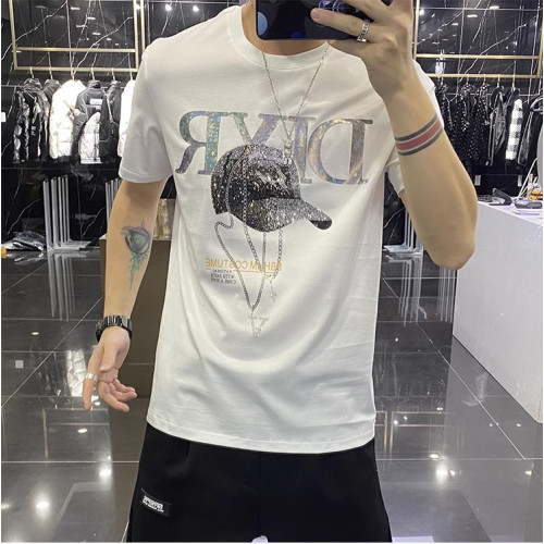 高級夏季短袖男t恤修身韓版純色燙鑽個性時尚休閒百搭圓領潮牌