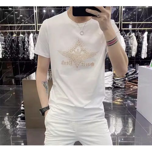 高級夏季短袖男t恤修身韓版純色燙鑽個性時尚休閒百搭圓領潮牌