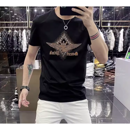 高級夏季短袖男t恤修身韓版純色燙鑽個性時尚休閒百搭圓領潮牌