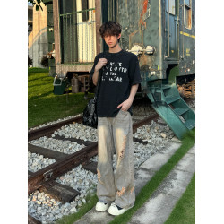 行星世界做舊水洗字母貼布綉短袖男t恤夏季嘻哈高街肌理感半截