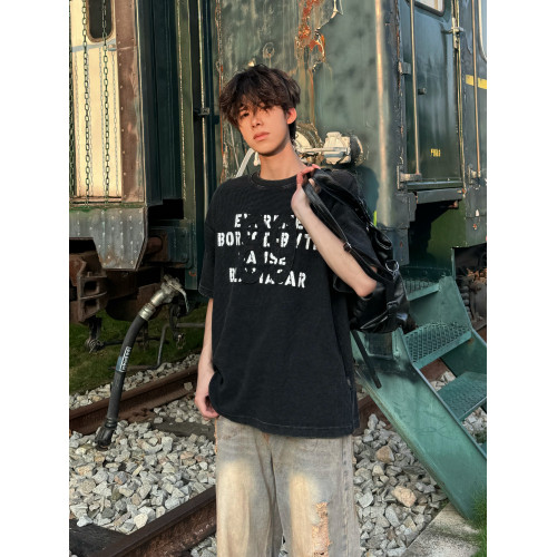 行星世界做舊水洗字母貼布綉短袖男t恤夏季嘻哈高街肌理感半截