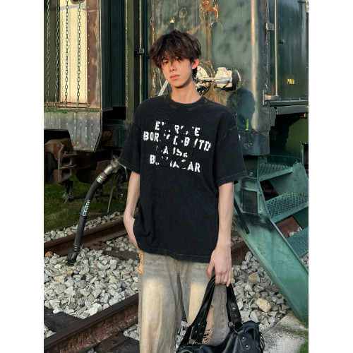 行星世界做舊水洗字母貼布綉短袖男t恤夏季嘻哈高街肌理感半截