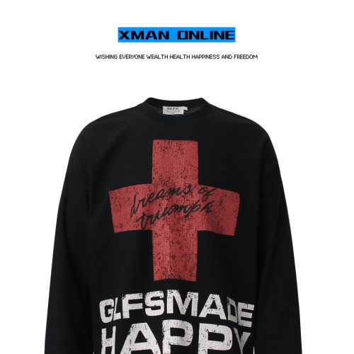 Xman秋季美式嘻哈街頭十字架印花長袖男t恤寬松hiphop個性上衣tee