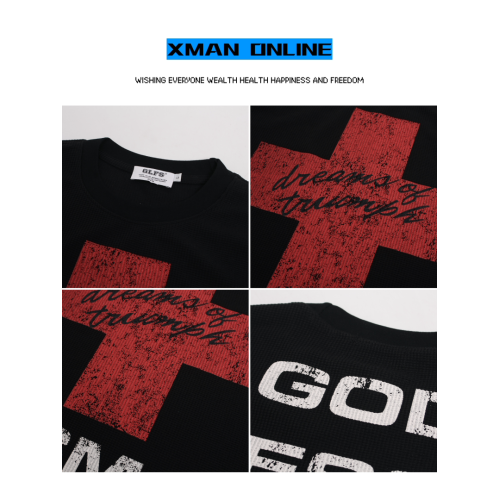 Xman秋季美式嘻哈街頭十字架印花長袖男t恤寬松hiphop個性上衣tee