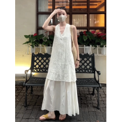 法式新款復古提花背心連衣裙女2025年夏季設計感網紗拼接無袖長裙