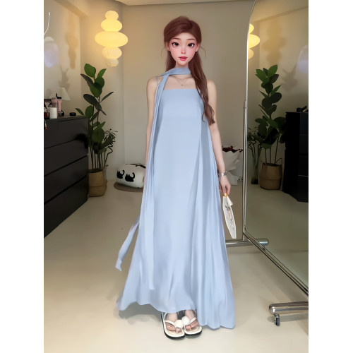 赫本風小黑裙2025夏季配飄帶法式氣質度假風a字黑色吊帶連衣裙女