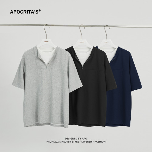 APO男裝 |簡約純色短袖男T恤2025夏季新款拉鍊寬松假兩件拼接上衣