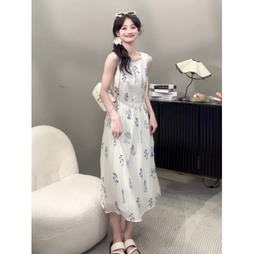 2025夏季新款法式氣質高級感白色碎花無袖連衣裙女收腰顯瘦長裙子