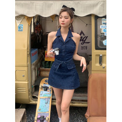 美式2025春夏新款ins網紅辣妹無袖polo領牛仔連衣裙女a字收腰短裙