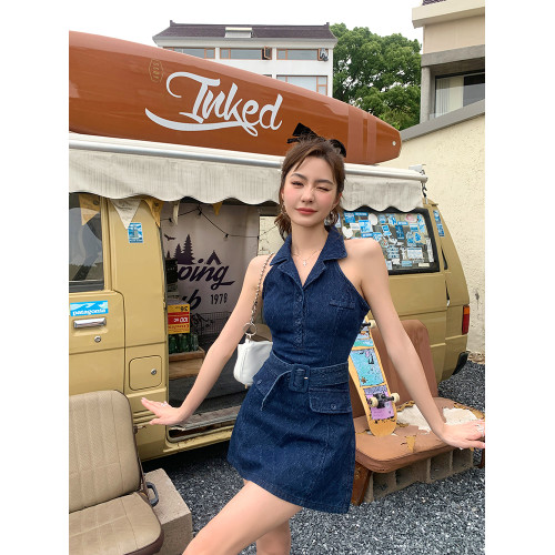 美式2025春夏新款ins網紅辣妹無袖polo領牛仔連衣裙女a字收腰短裙