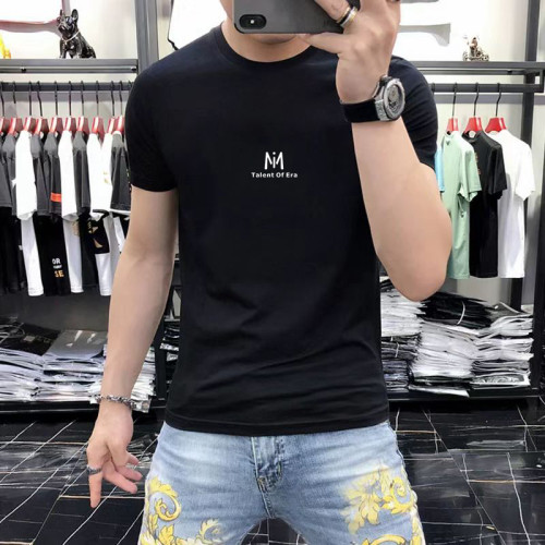 初酷仕 夏簡約印花男t恤圓領彈性修身潮流體恤短袖男黑白打底衫