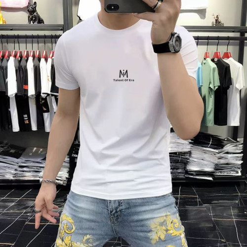 初酷仕 夏簡約印花男t恤圓領彈性修身潮流體恤短袖男黑白打底衫