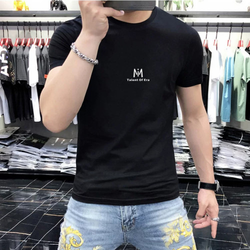 初酷仕 夏簡約印花男t恤圓領彈性修身潮流體恤短袖男黑白打底衫