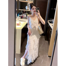 溫柔風海邊度假連衣裙女2025夏季新款氣質絕美蛋糕裙開叉吊帶長裙