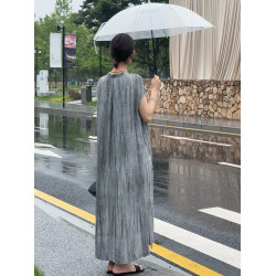周粥2025年夏季天絲亞麻灰色中長款開衫寬松顯瘦收腰氣質連衣裙女