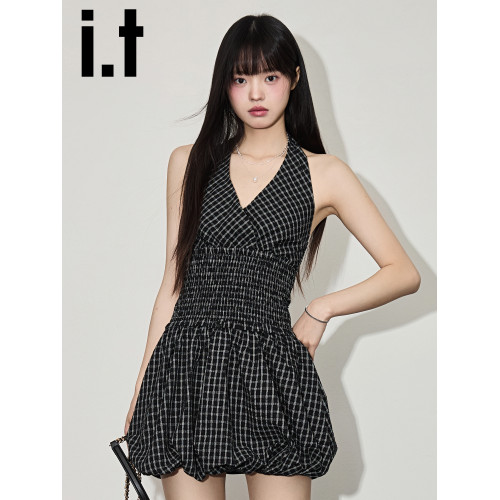 it:CHOCOOLATE黑色格子掛脖花苞裙短裙連衣裙女2025夏季收腰裙子