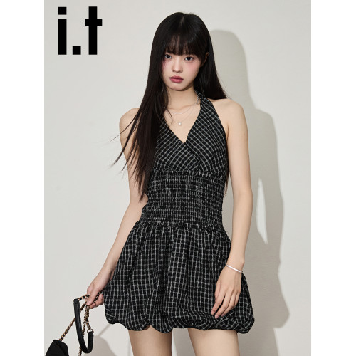 it:CHOCOOLATE黑色格子掛脖花苞裙短裙連衣裙女2025夏季收腰裙子