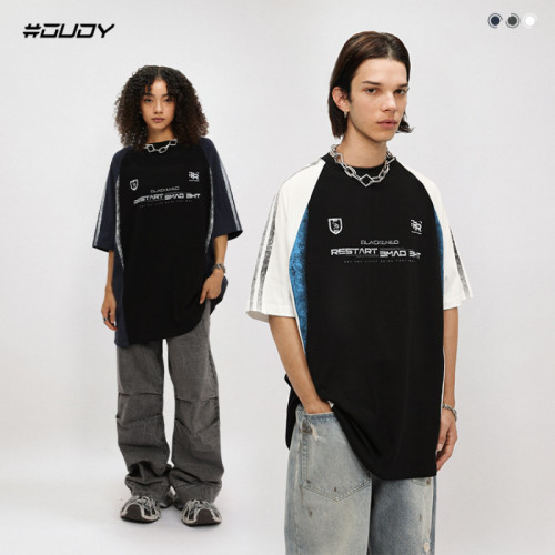 #OVDY 2024新款青少年男t恤撞色拼接精梳棉機能百搭半袖男女潮牌