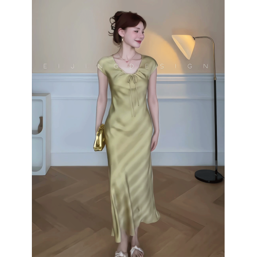 高級感端面顯白連衣裙女2025夏季新款法式氣質優雅抽繩綁帶魚尾裙