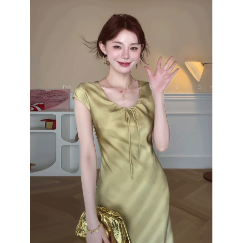 高級感端面顯白連衣裙女2025夏季新款法式氣質優雅抽繩綁帶魚尾裙