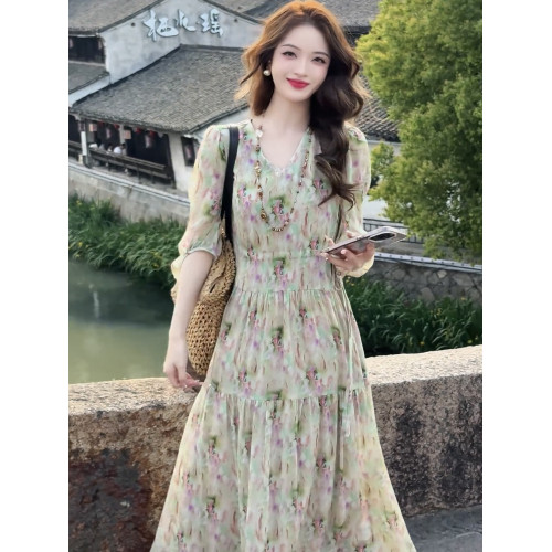 真絲連衣裙女2025夏季新款廣州十三行高級法式氣質度假風薄紗長裙