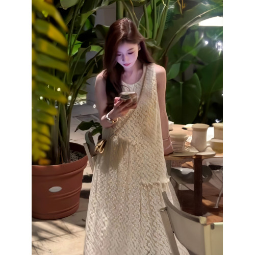 韓系重工蕾絲拼接無袖連衣裙女2025夏季鉤花設計感寬松顯瘦中長裙