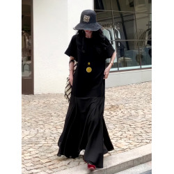 韓系黑色長款T恤連衣裙女2025夏季新款短袖體恤裙拼接網紗魚尾裙