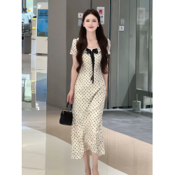 法式優雅氣質方領波點蝴蝶結連衣裙女2025夏季新款高級感顯瘦長裙